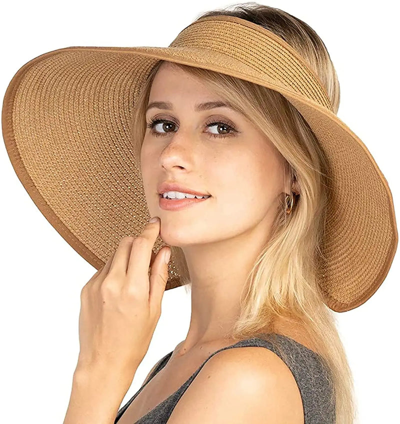 2023 New Women's Sun Hat UPF 50+ Protecetion Wide Summer Hat Brim Roll-up Straw Bow Sun Visor Hats Foldable Topless Beach Hats