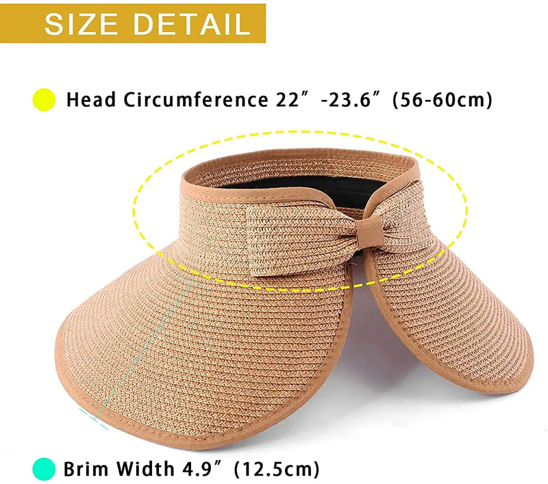2023 New Women's Sun Hat UPF 50+ Protecetion Wide Summer Hat Brim Roll-up Straw Bow Sun Visor Hats Foldable Topless Beach Hats